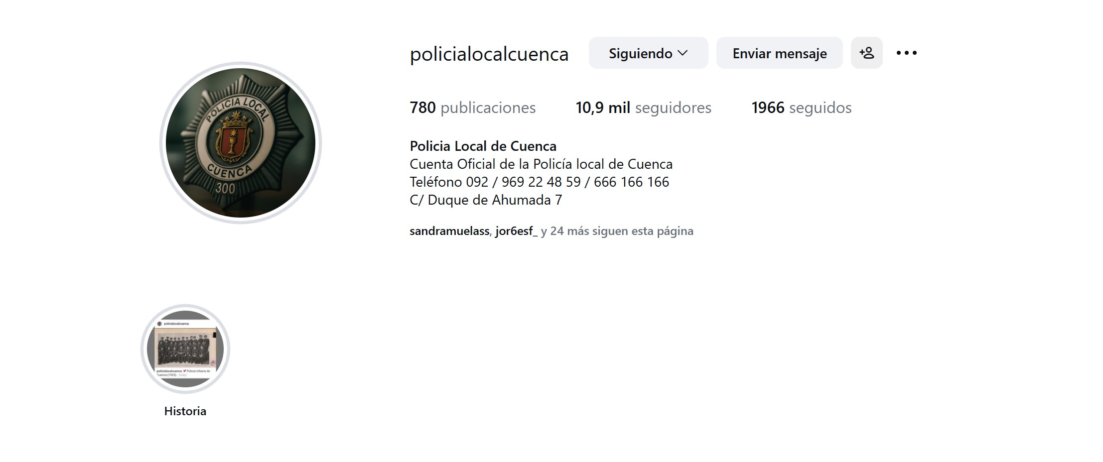 Cuenta de Instagram de la Policía Local de Cuenca