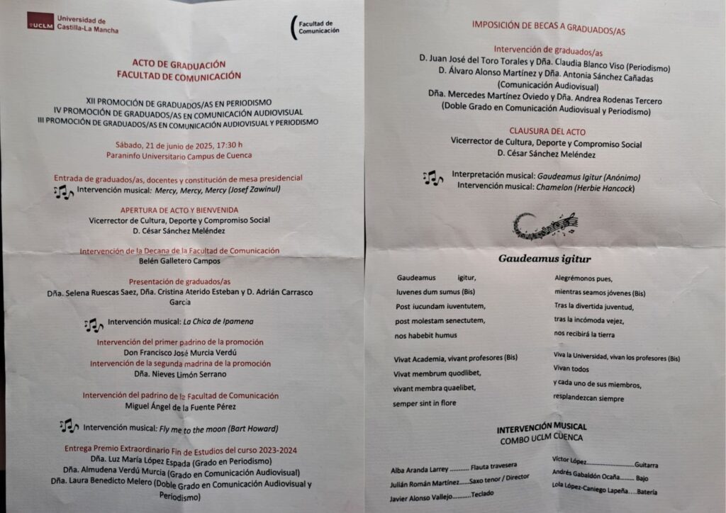 Programa del acto de graduación de la Facultad de Comunicación